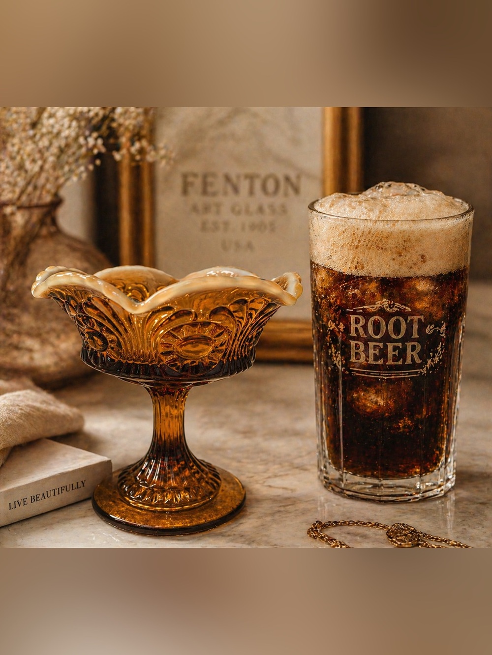 Fenton Cameo Opalescent “Eye & Scroll” Pedestal Dish – Root Beer Glass